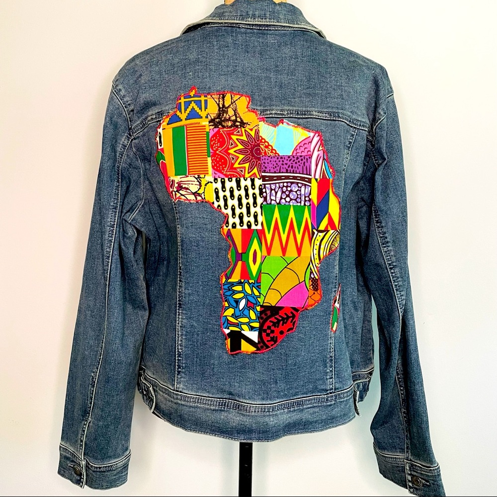 Jean African Print Patchwork Denim Jacket Stretch Denim Jacket